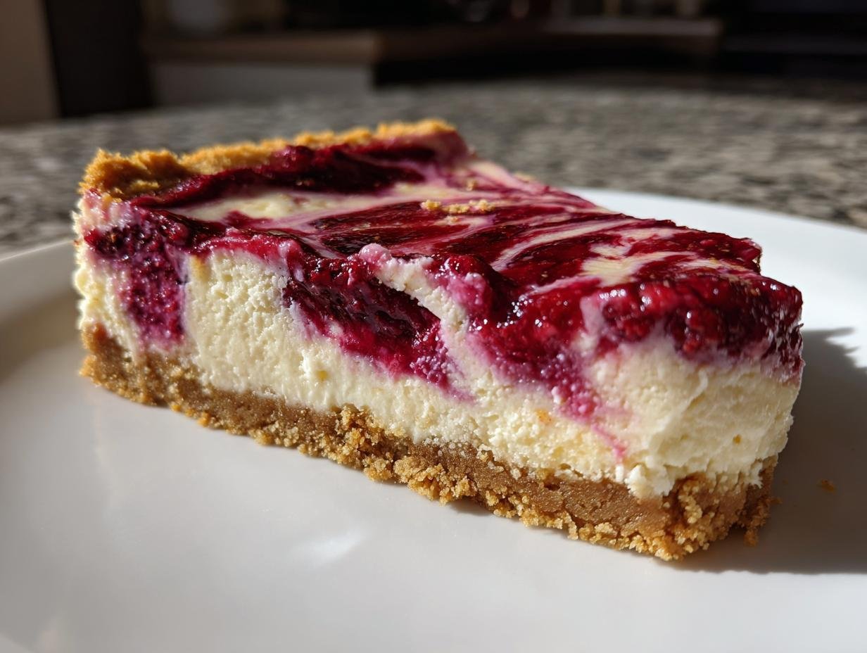 A thick slice of Irresistible Creamy Raspberry Cheesecake Bars showing a graham cracker crust and swirled raspberry topping.