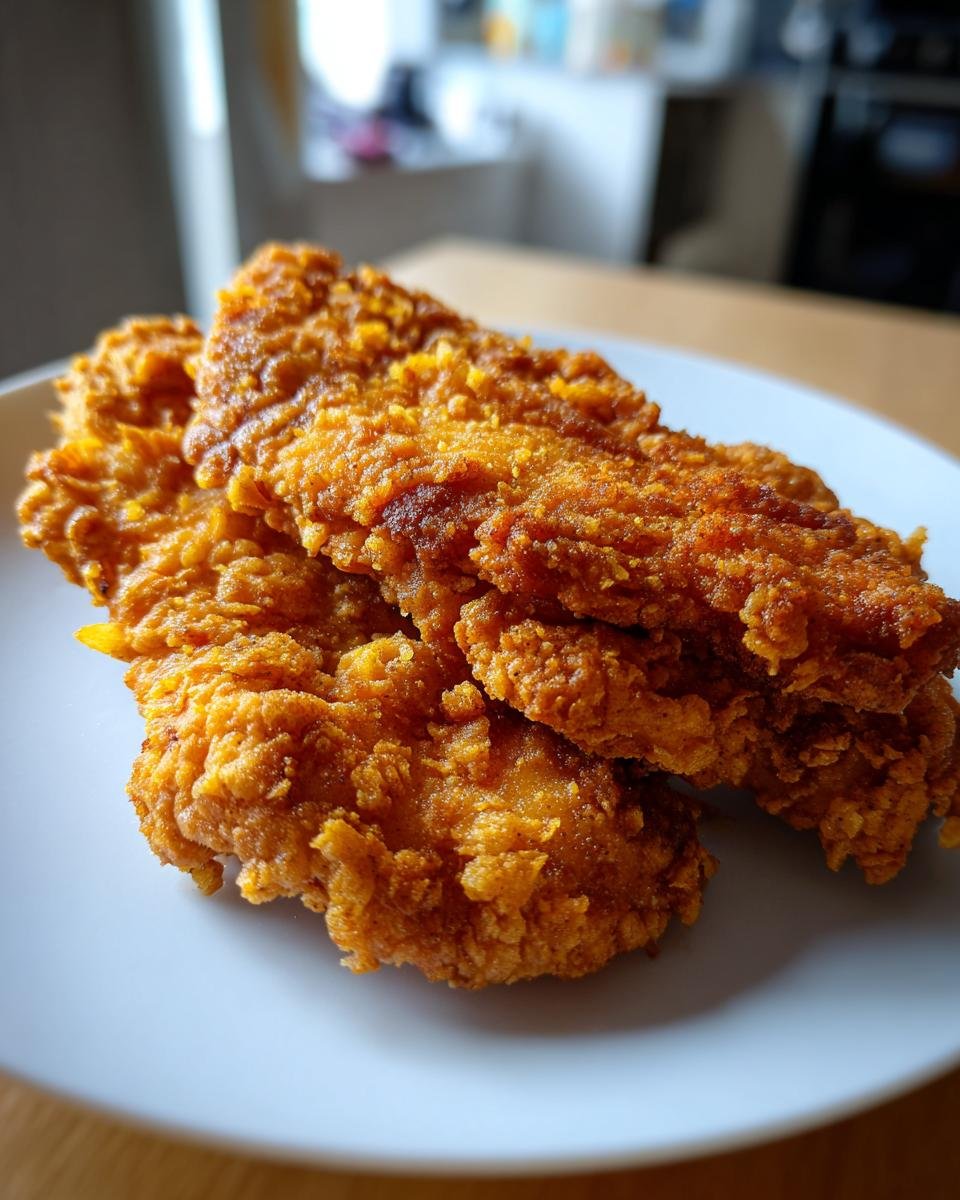 Three golden brown, perfectly fried Irresistible Crispy Bread Crumbs Pork Chops stacked on a white plate.