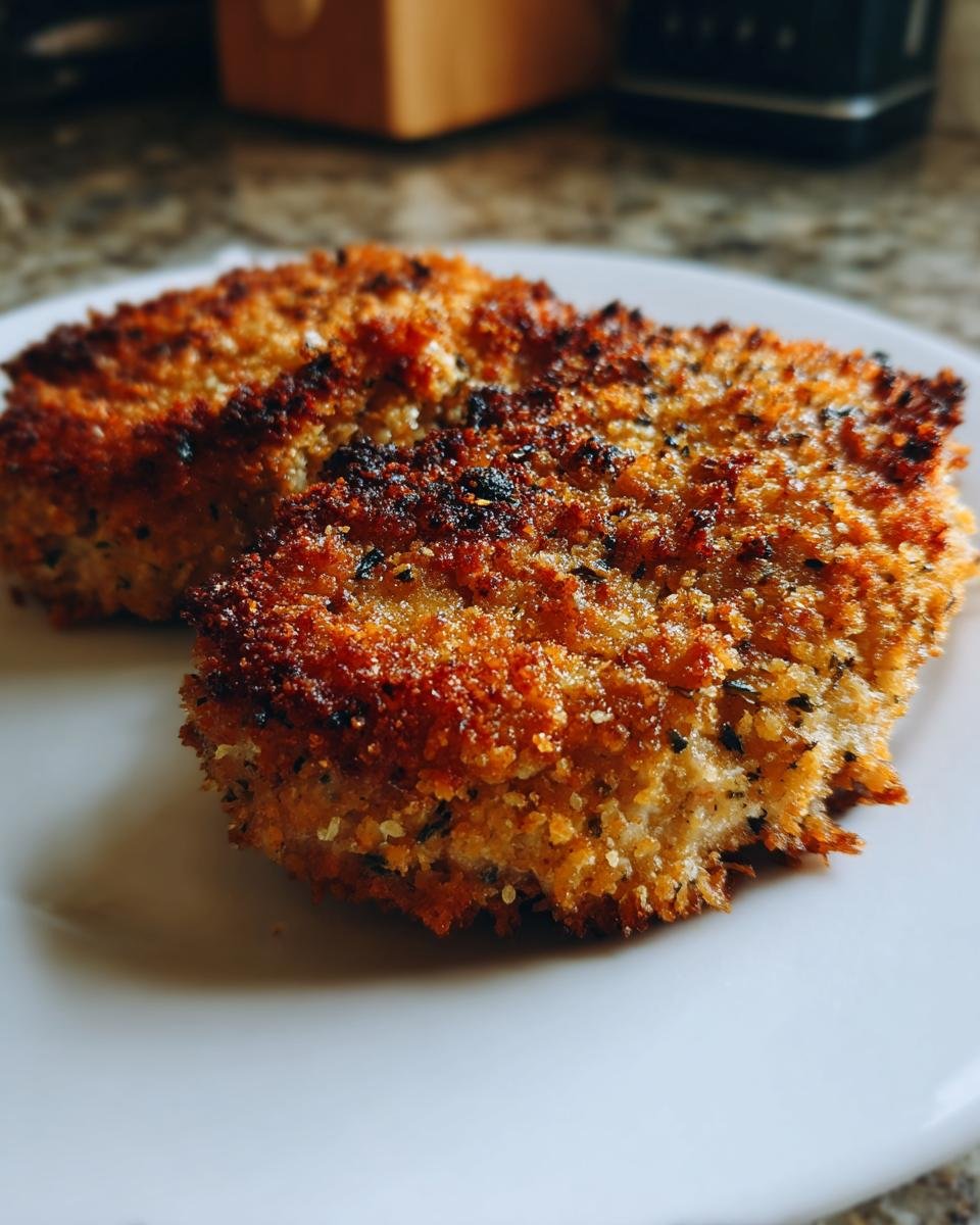 Two golden-brown, perfectly fried Irresistible Crispy Bread Crumbs Pork Chops resting on a white plate.
