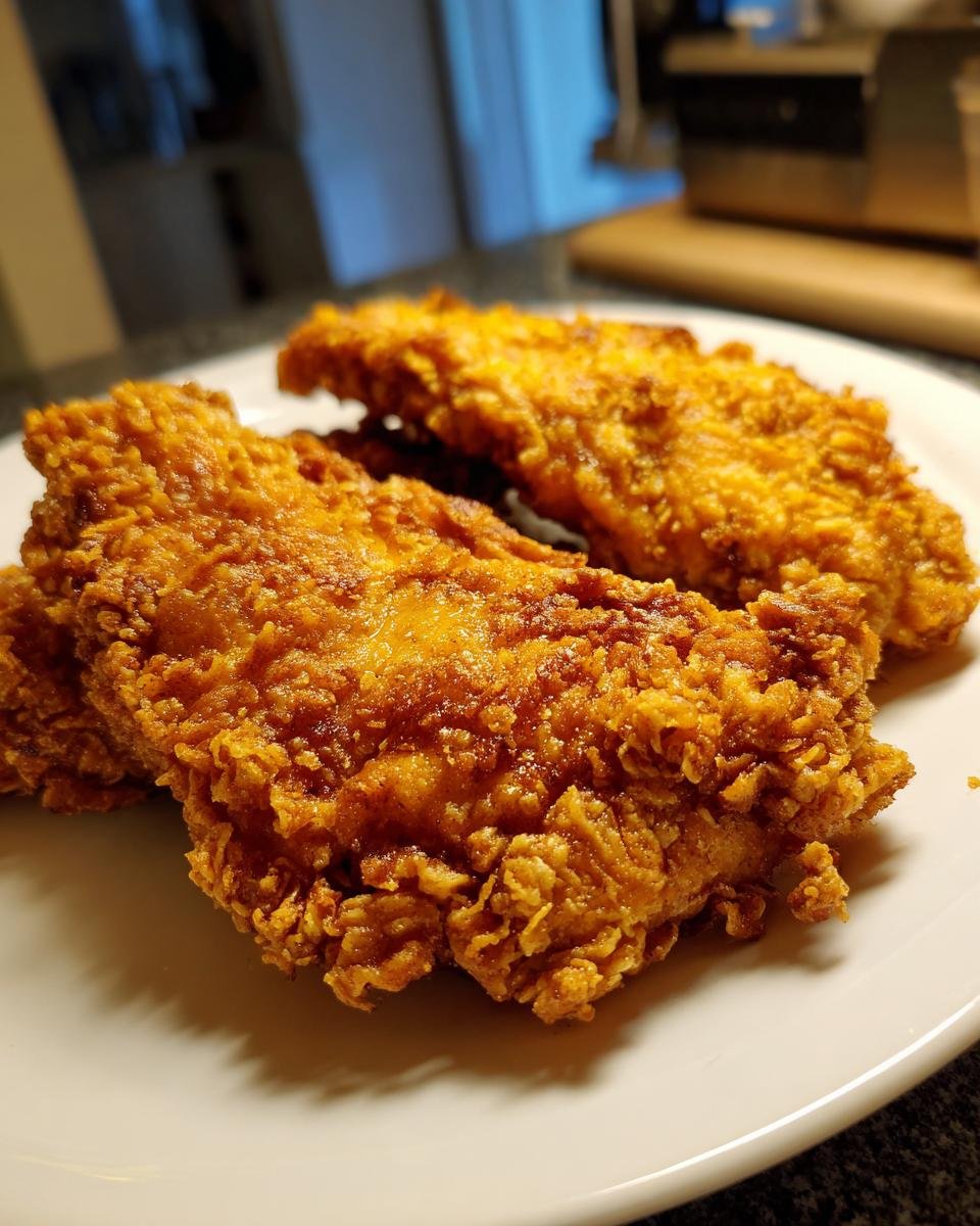 Two golden brown, perfectly fried Irresistible Crispy Bread Crumbs Pork Chops resting on a white plate.