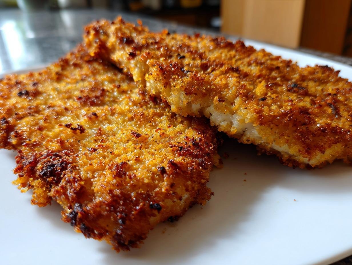 Close-up of two golden-brown, perfectly cooked Irresistible Crispy Bread Crumbs Pork Chops on a white plate.