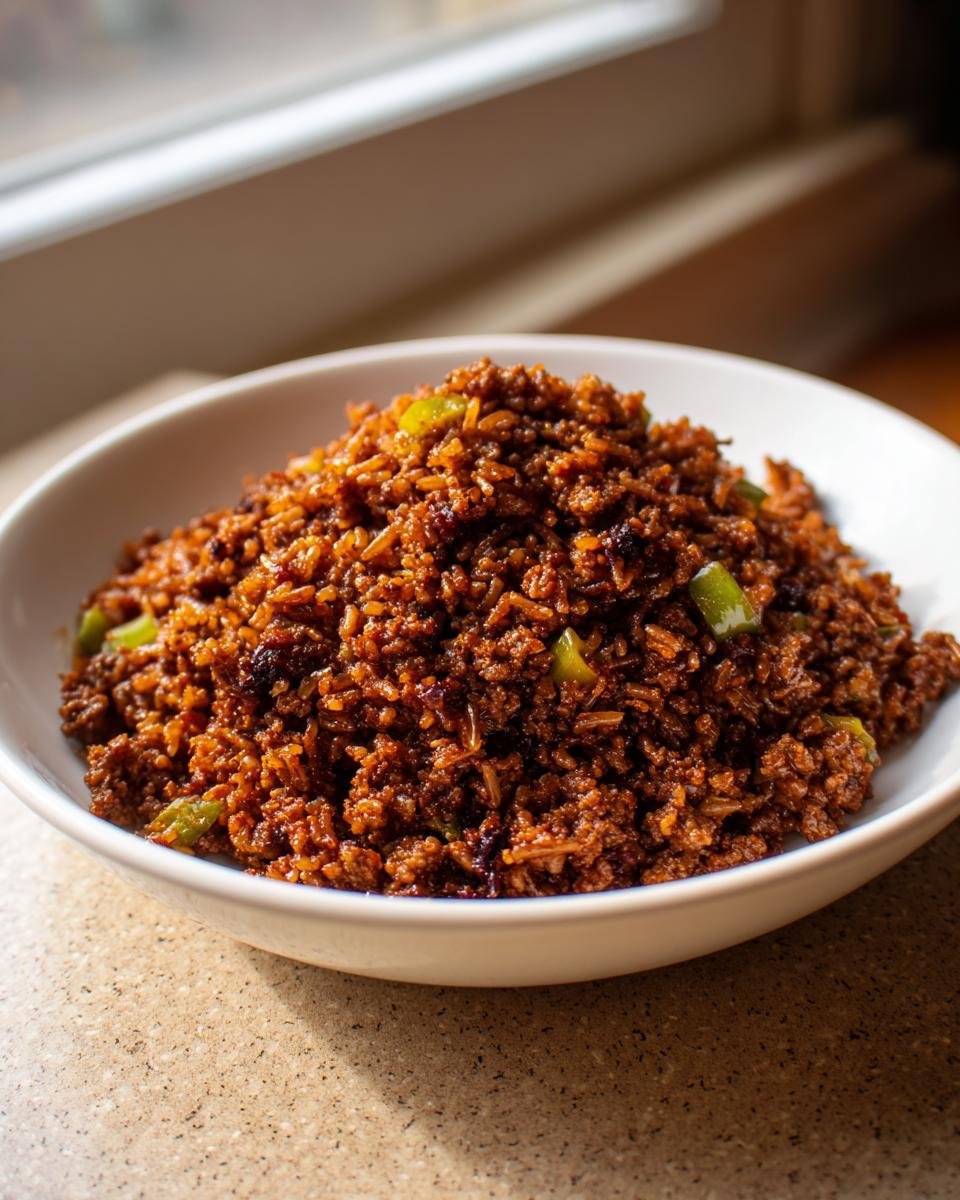 A close-up of a white bowl piled high with dark, rich Irresistible Dirty Rice Recipe mixed with green peppers.