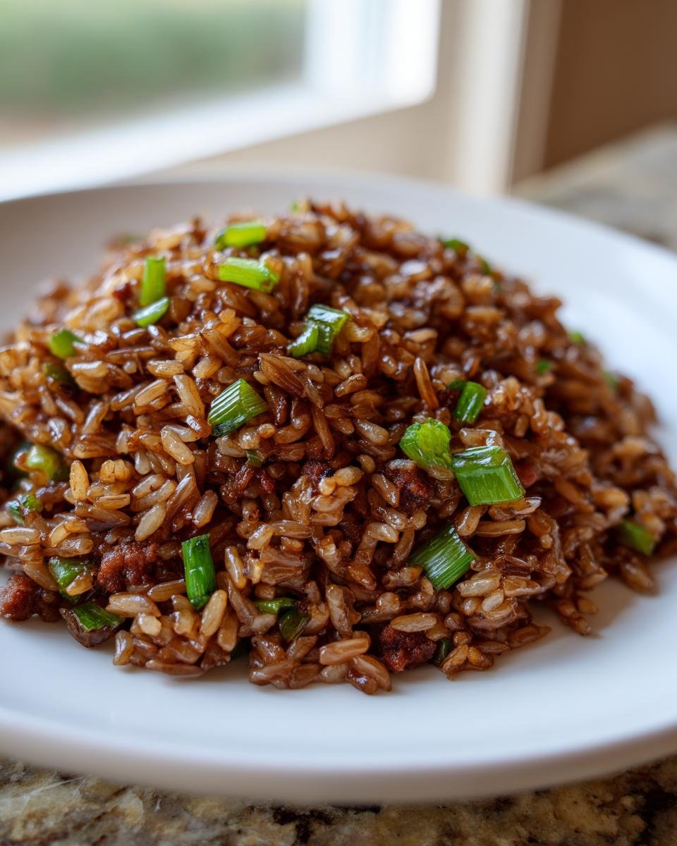 A close-up of a mound of rich, brown Irresistible Dirty Rice Recipe garnished with bright green chopped scallions on a white plate.