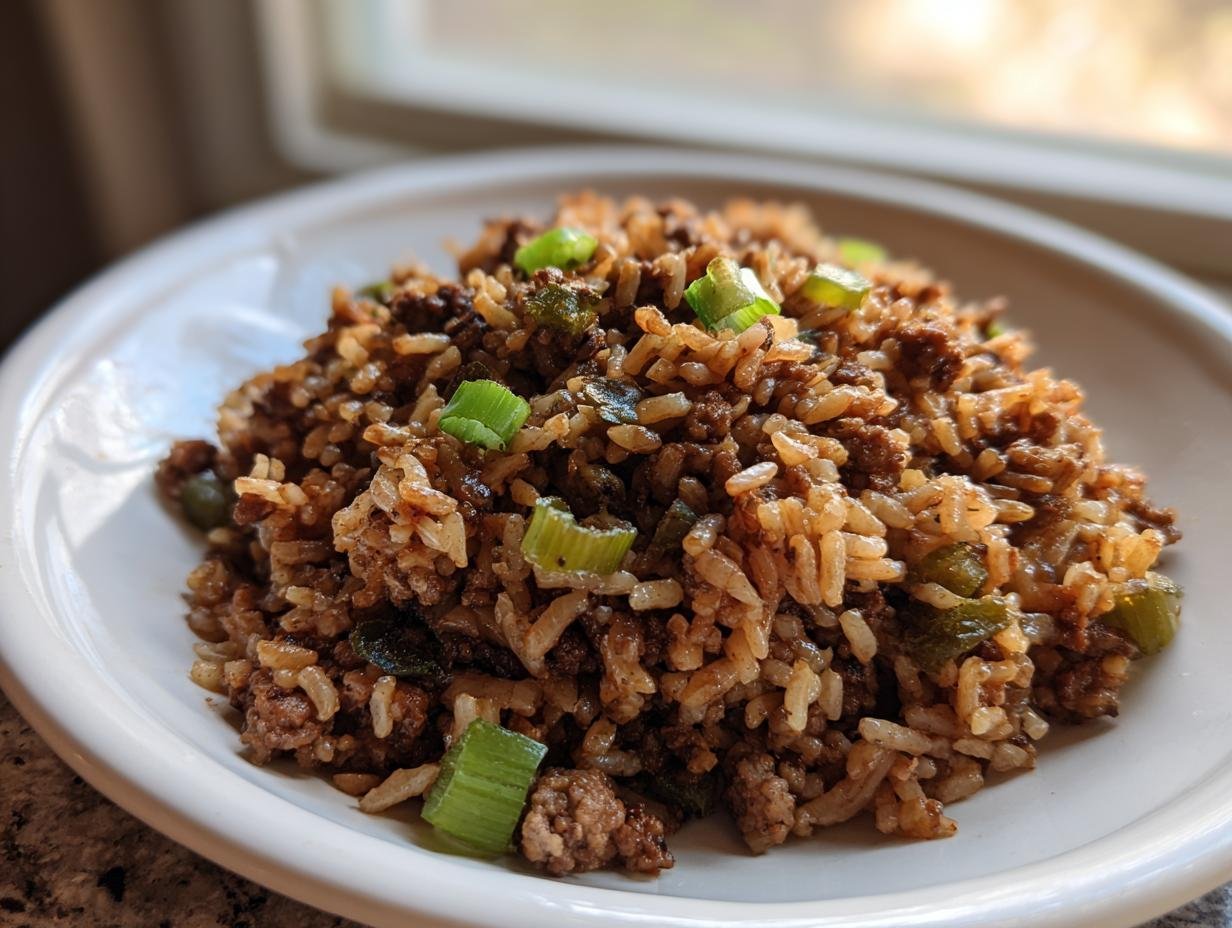 A close-up of a serving of Irresistible Dirty Rice Recipe, featuring seasoned rice, ground meat, and green onions.