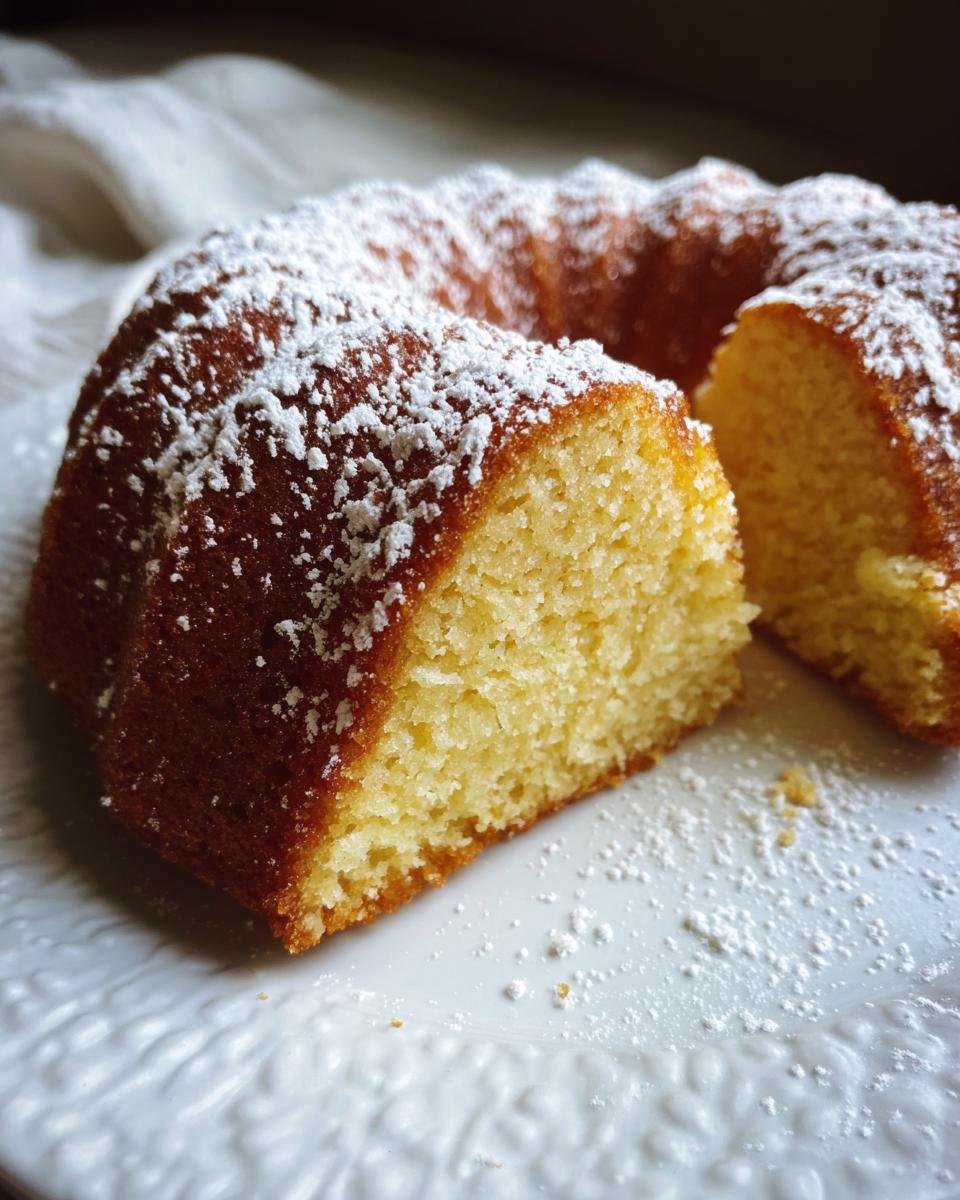 Close-up of a slice cut from an Irresistible Eggnog Bundt Cake, dusted generously with powdered sugar.