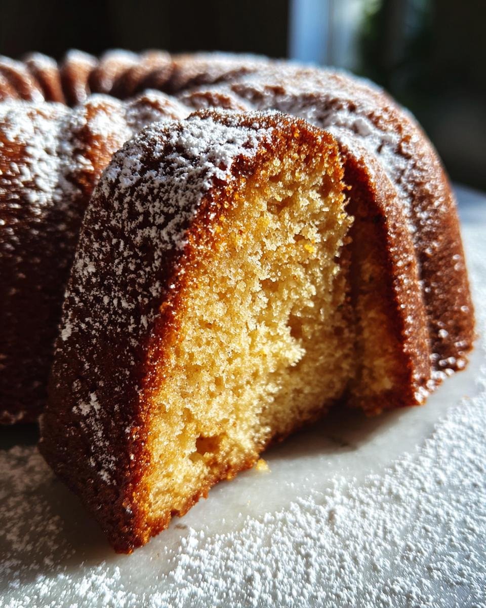 Close-up of a slice cut from an Irresistible Eggnog Bundt Cake, dusted generously with powdered sugar.