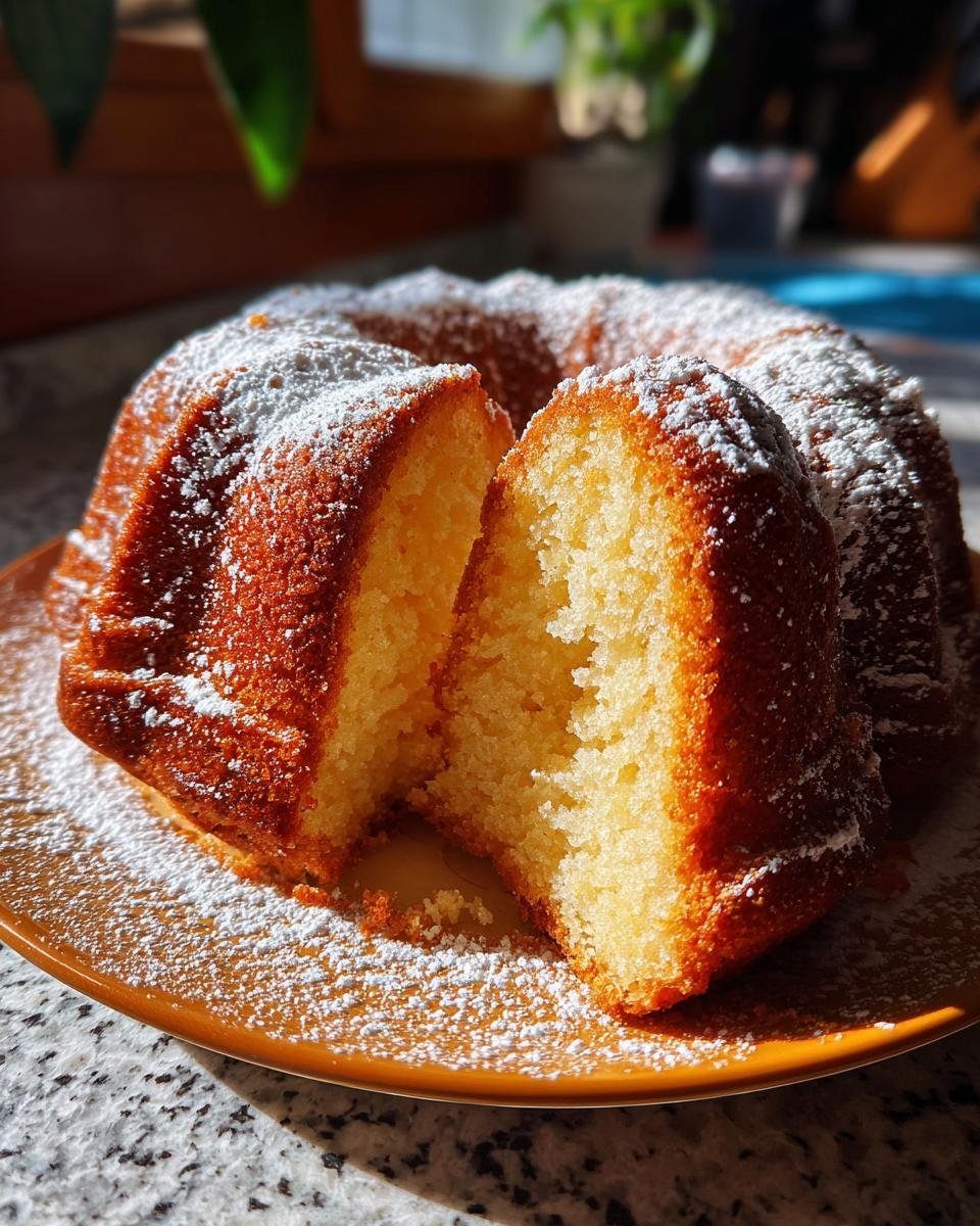 A slice cut from an Irresistible Eggnog Bundt Cake dusted generously with powdered sugar.