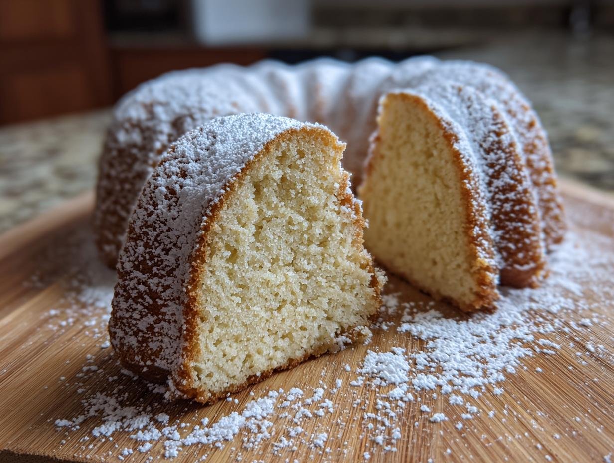 A slice cut from an Irresistible Eggnog Bundt Cake dusted heavily with powdered sugar.