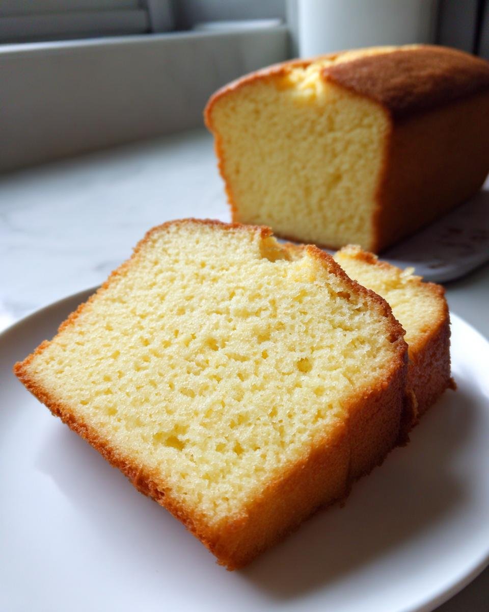 Close-up of two slices of moist, golden Irresistible French Butter Cake on a white plate, with the loaf in the background.