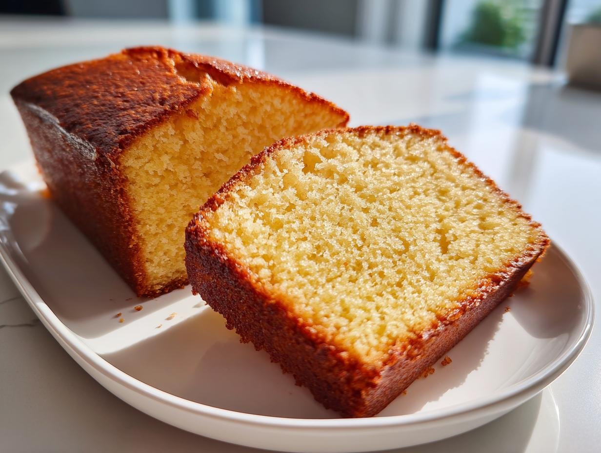 Two slices of Irresistible French Butter Cake showing a moist, yellow crumb and a deeply golden, caramelized crust.