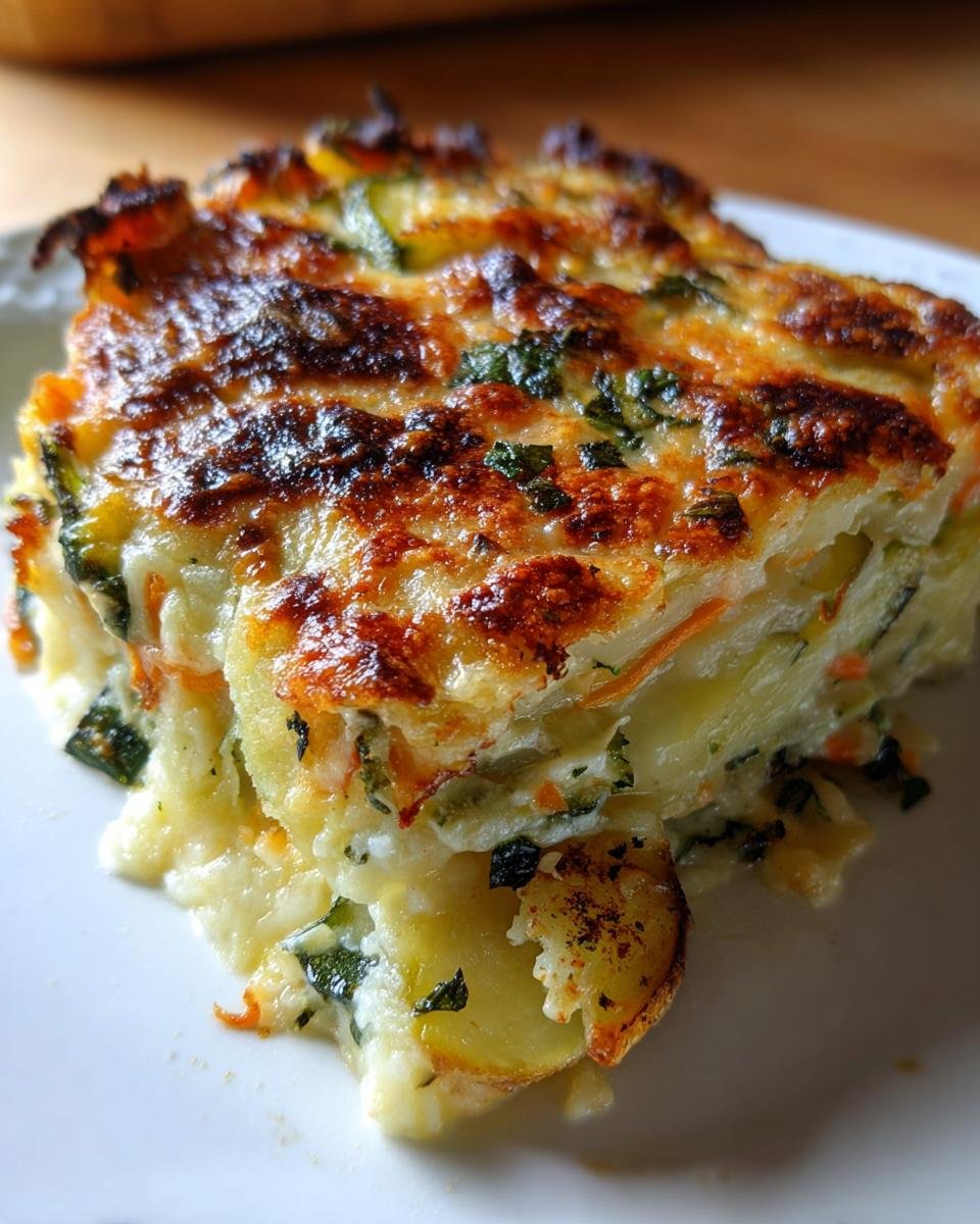 Close-up of a cheesy, baked slice of Irresistible Garden To Table Veggie Gratin showing layers of potatoes and zucchini.