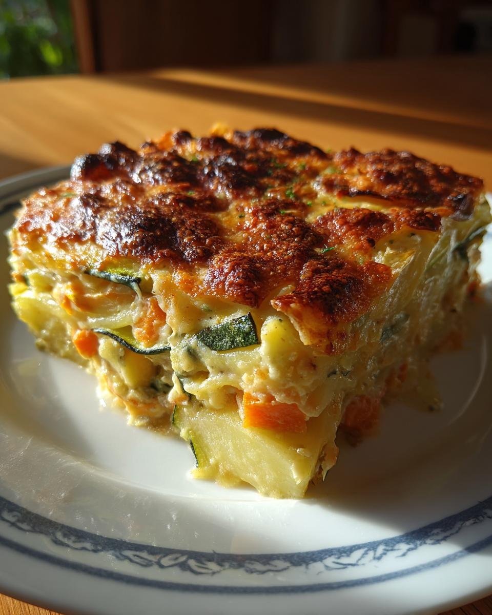 A thick slice of Irresistible Garden To Table Veggie Gratin with a golden, bubbly cheese crust.