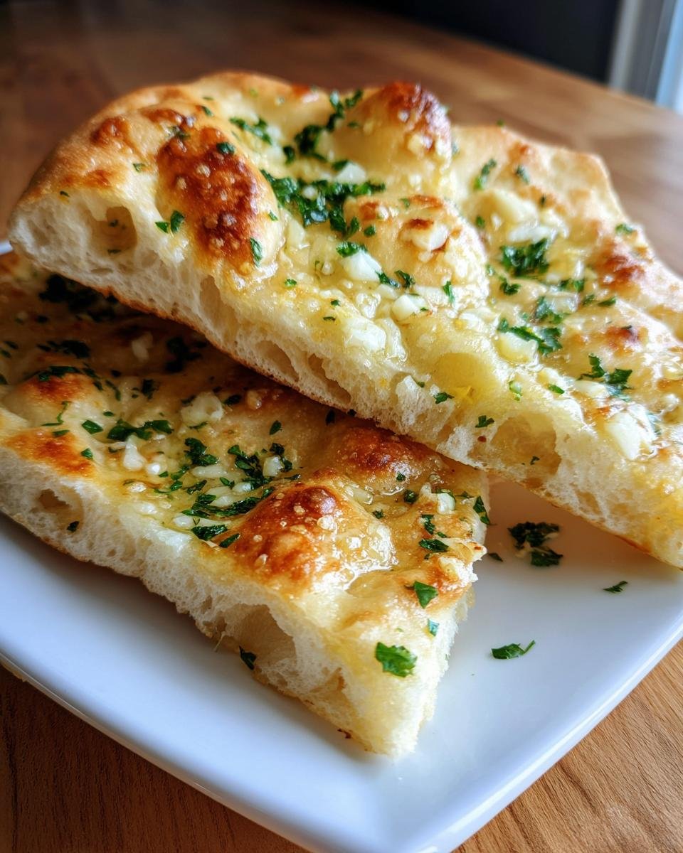 Two slices of Irresistible Garlic And Butter Flatbread Recipe, topped with melted butter, minced garlic, and fresh parsley.