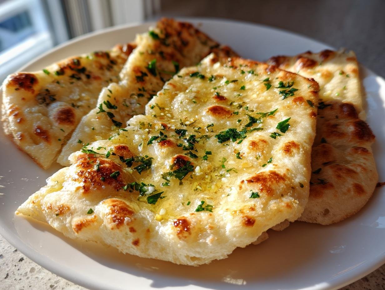 Close-up of fluffy, golden-brown Irresistible Garlic And Butter Flatbread Recipe pieces topped with melted butter and fresh parsley.