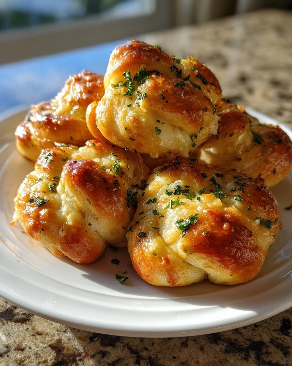 A stack of golden brown, freshly baked Irresistible Garlic Knots topped with melted butter and chopped parsley.
