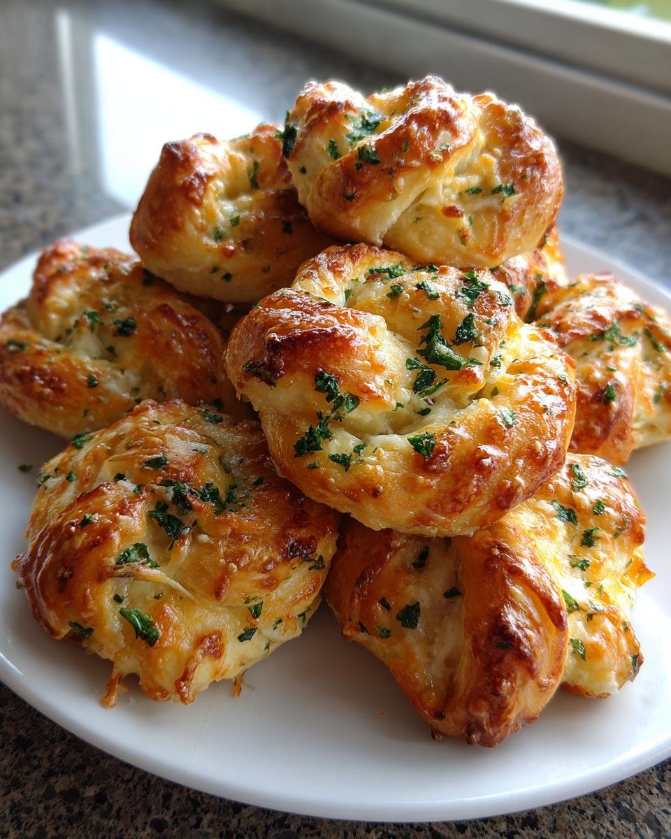 A pile of golden brown, cheesy, and herby Irresistible Garlic Knots Recipe served on a white plate.
