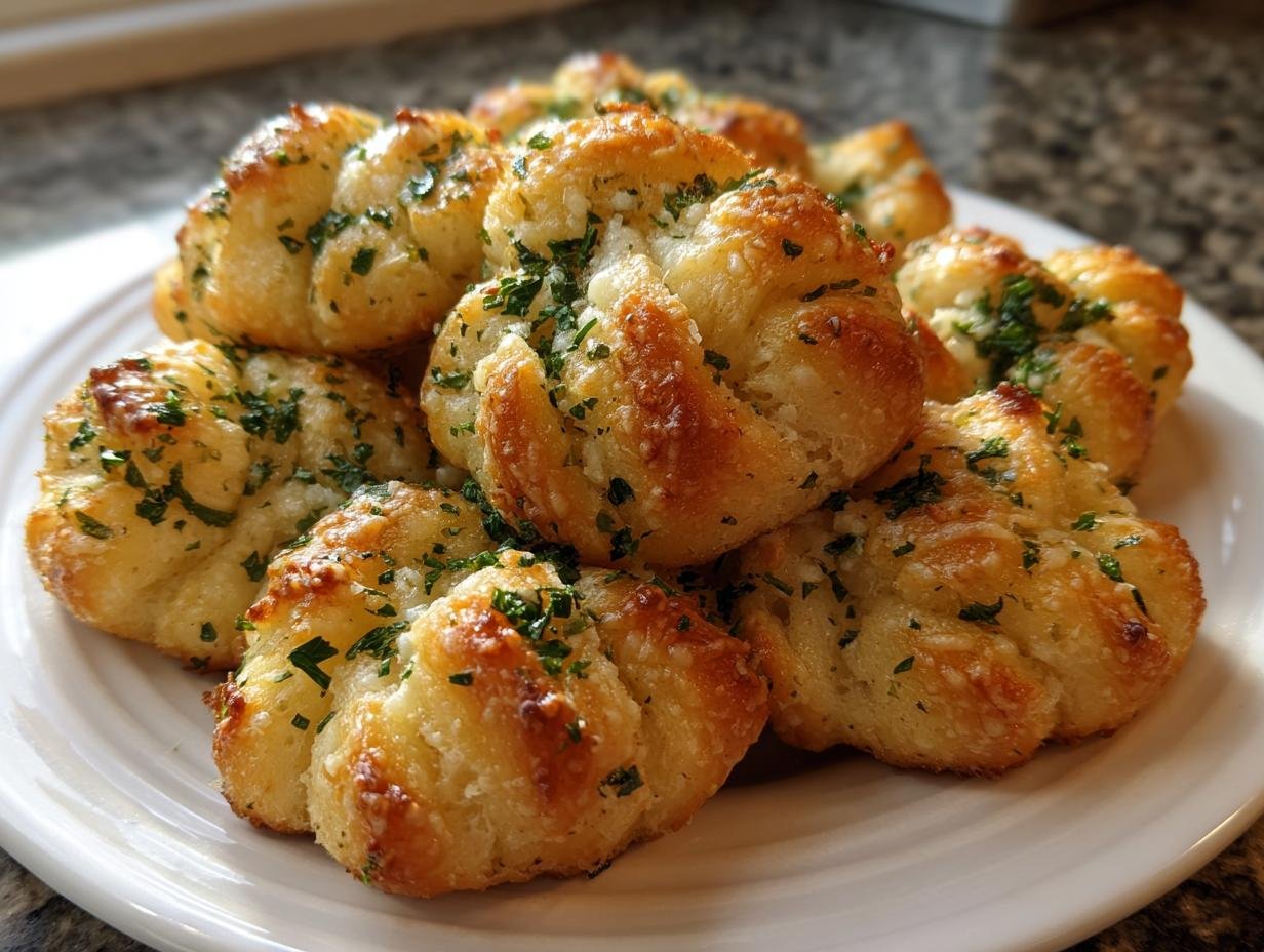 A close-up of several golden, buttery Irresistible Garlic Knots Recipe pieces topped with melted cheese and fresh parsley.