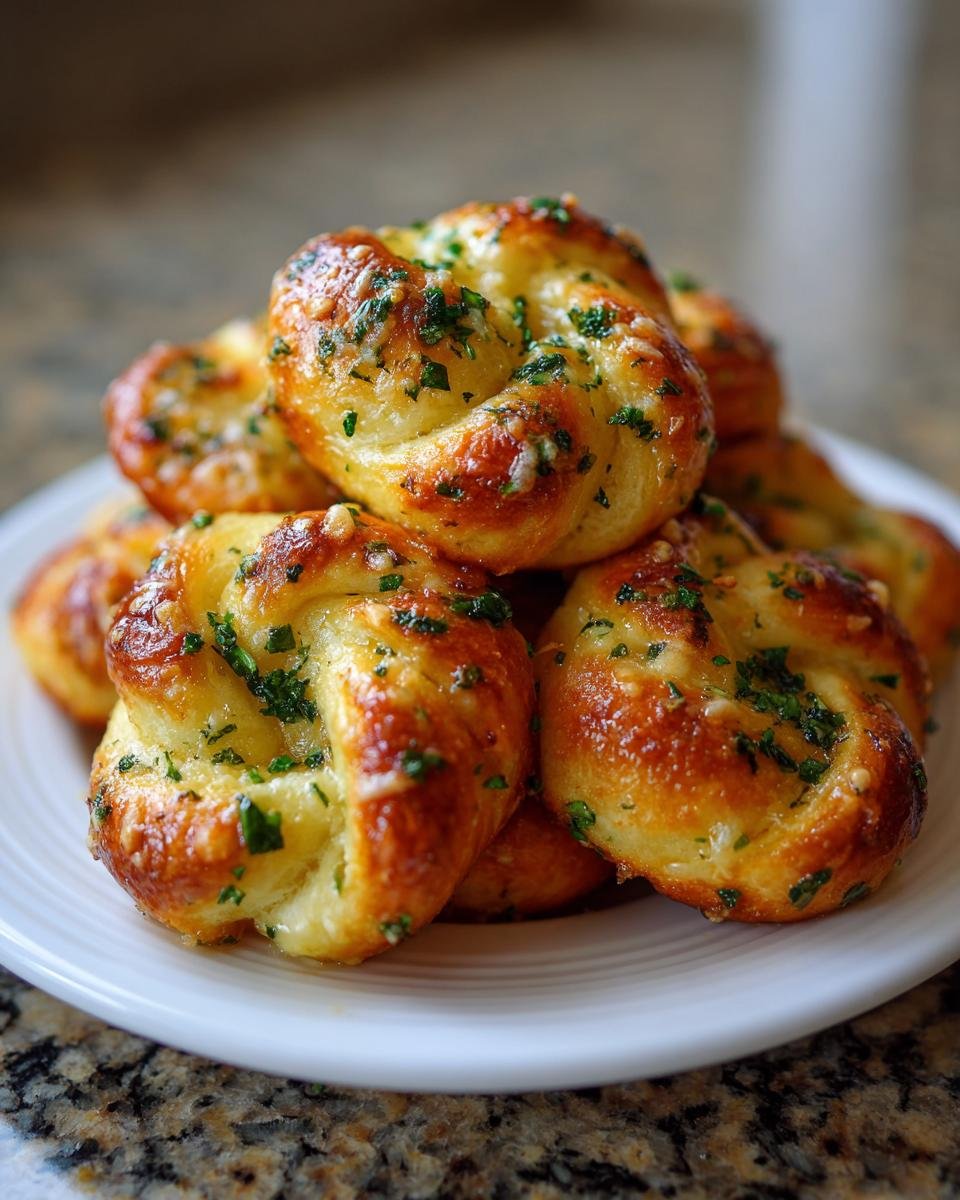 A close-up stack of golden brown, glistening Irresistible Garlic Knots topped generously with fresh green parsley.