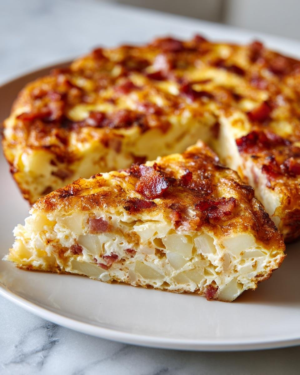 A thick slice of Irresistible Garten Bacon Potato Frittata showing layers of potatoes, eggs, and bacon bits, served on a white plate.
