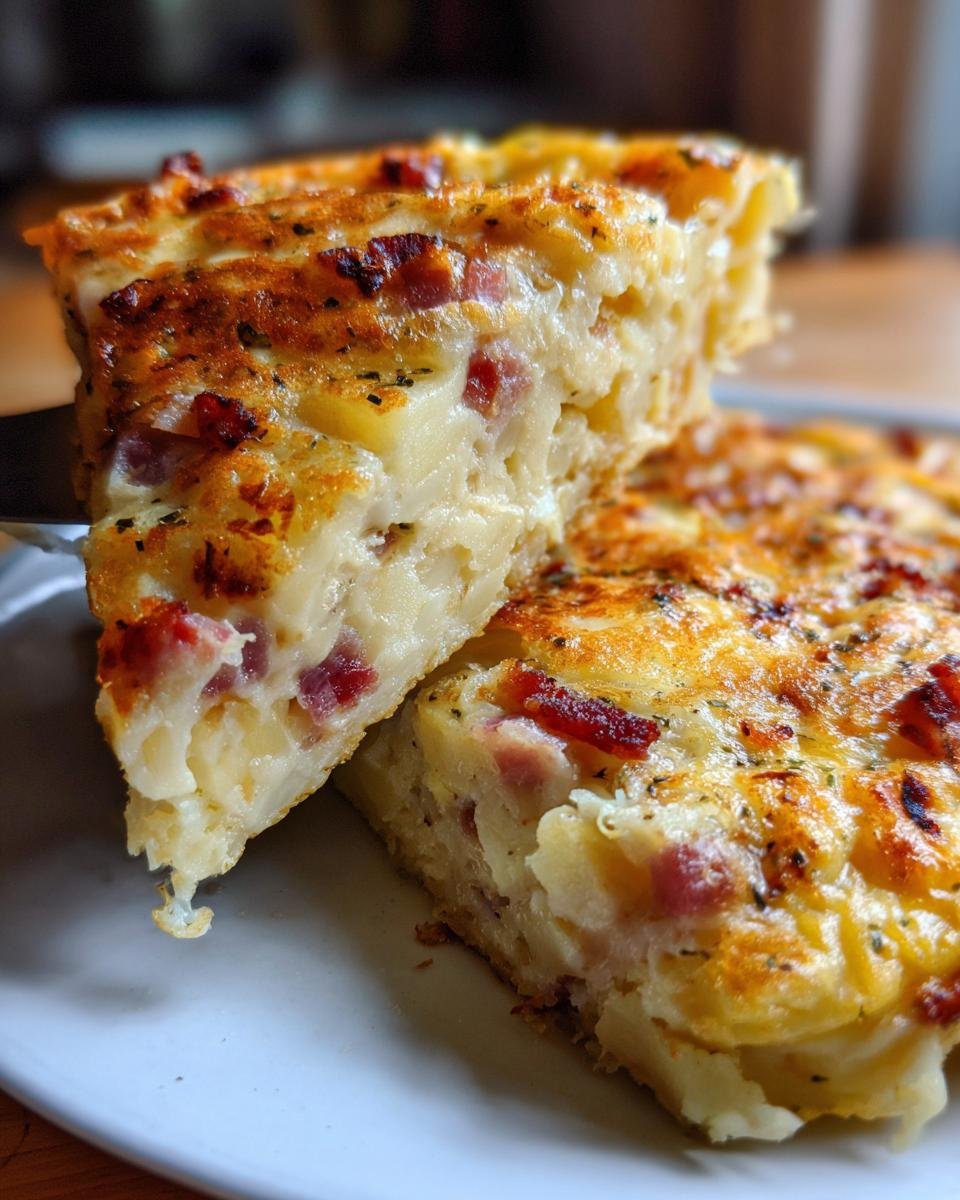 A thick slice being lifted from a baked Irresistible Garten Bacon Potato Frittata, showing potatoes and bacon inside.