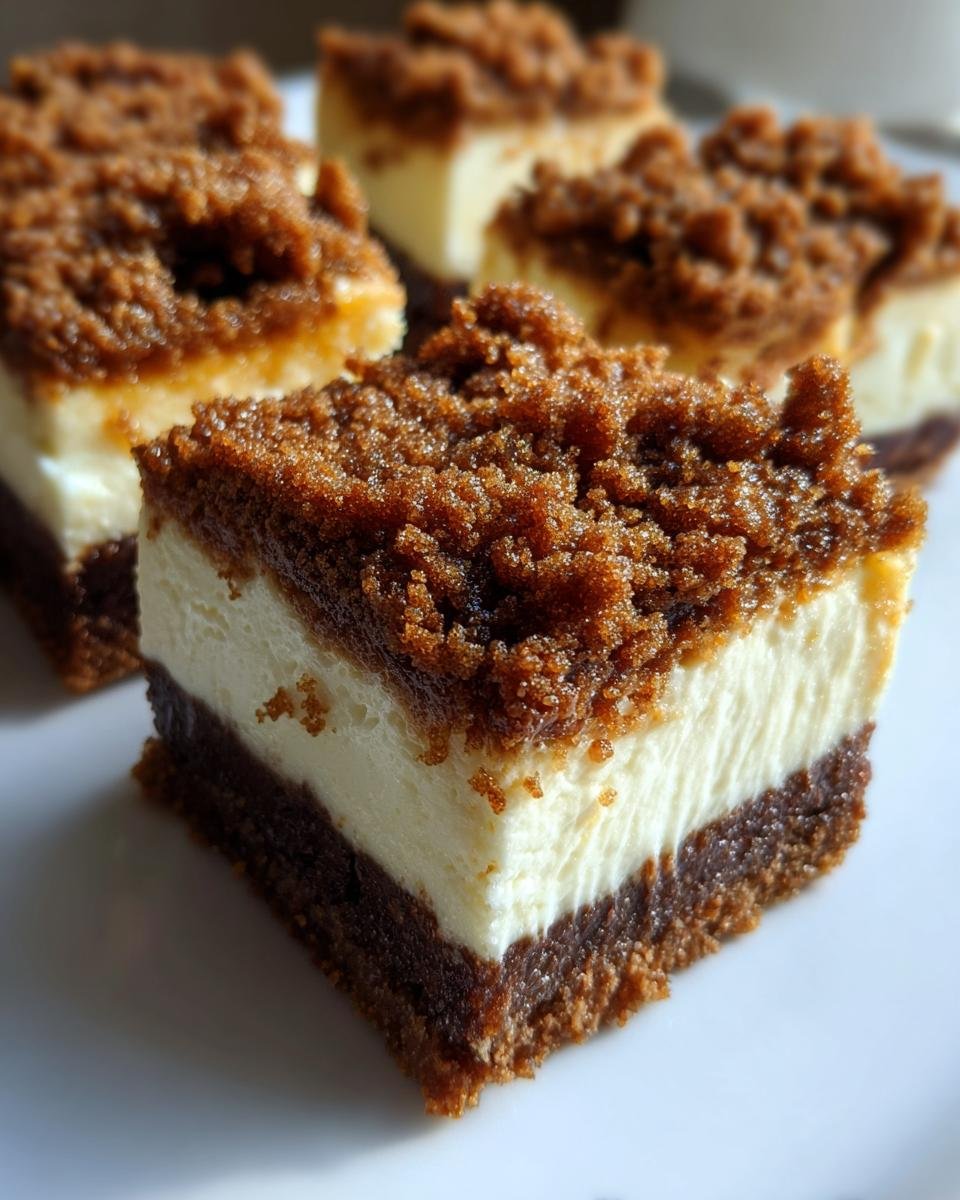 Close-up of layered Irresistible Gingerbread Cheesecake Bars with a dark base, creamy filling, and crumbly topping.