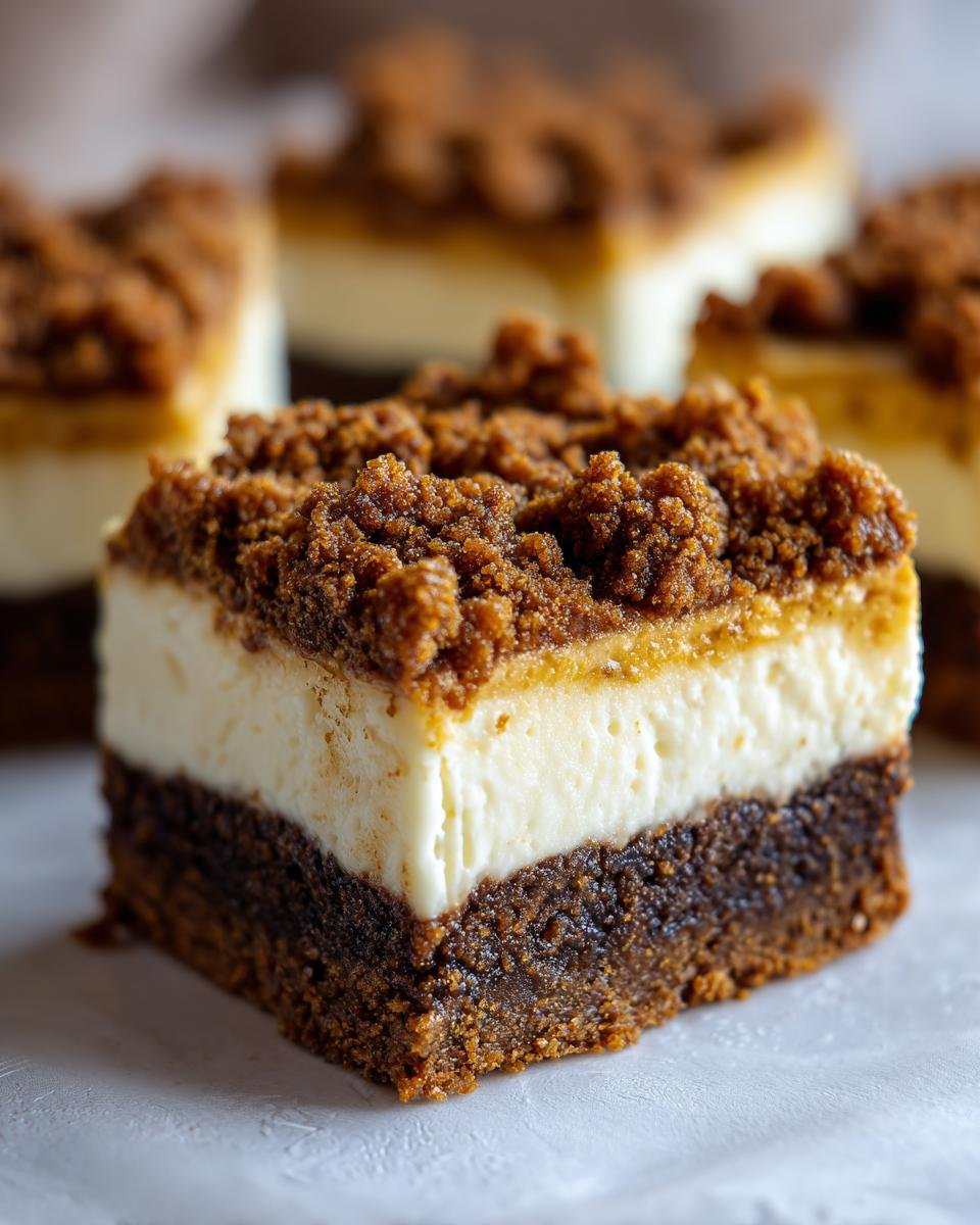 A close-up, layered square of Irresistible Gingerbread Cheesecake Bars showing a dark gingerbread base, creamy white cheesecake filling, and crumbly topping.