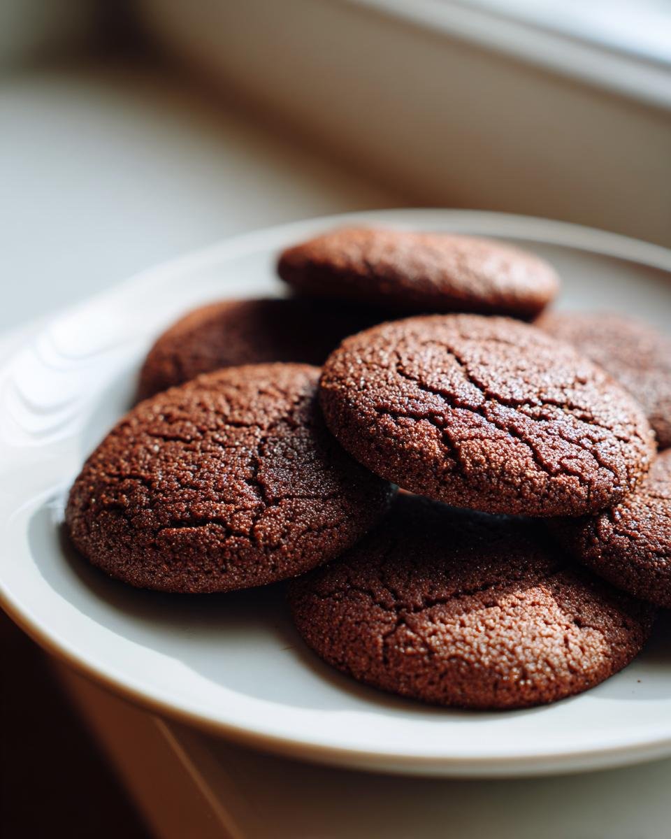 A close-up shot of several dark, cracked Irresistible Gingerbread Cookies stacked on a light-colored plate near a window.