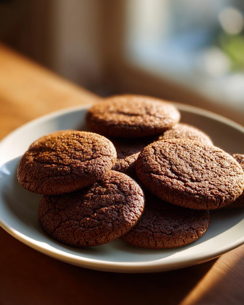 A stack of dark, crinkled Irresistible Gingerbread Cookies piled on a light-colored plate, illuminated by warm sunlight.