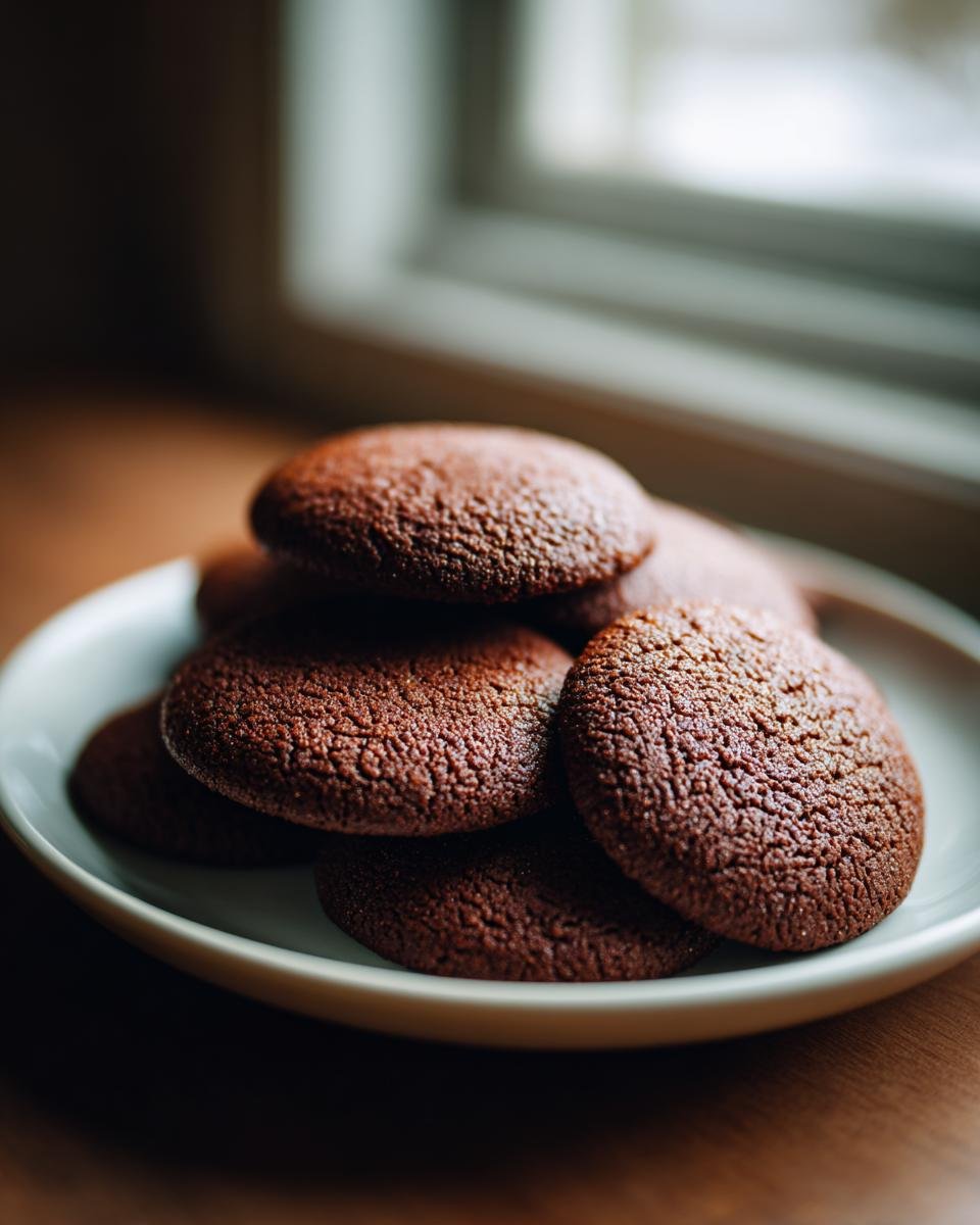 A close-up of a stack of dark, richly textured Irresistible Gingerbread Cookies on a white plate.