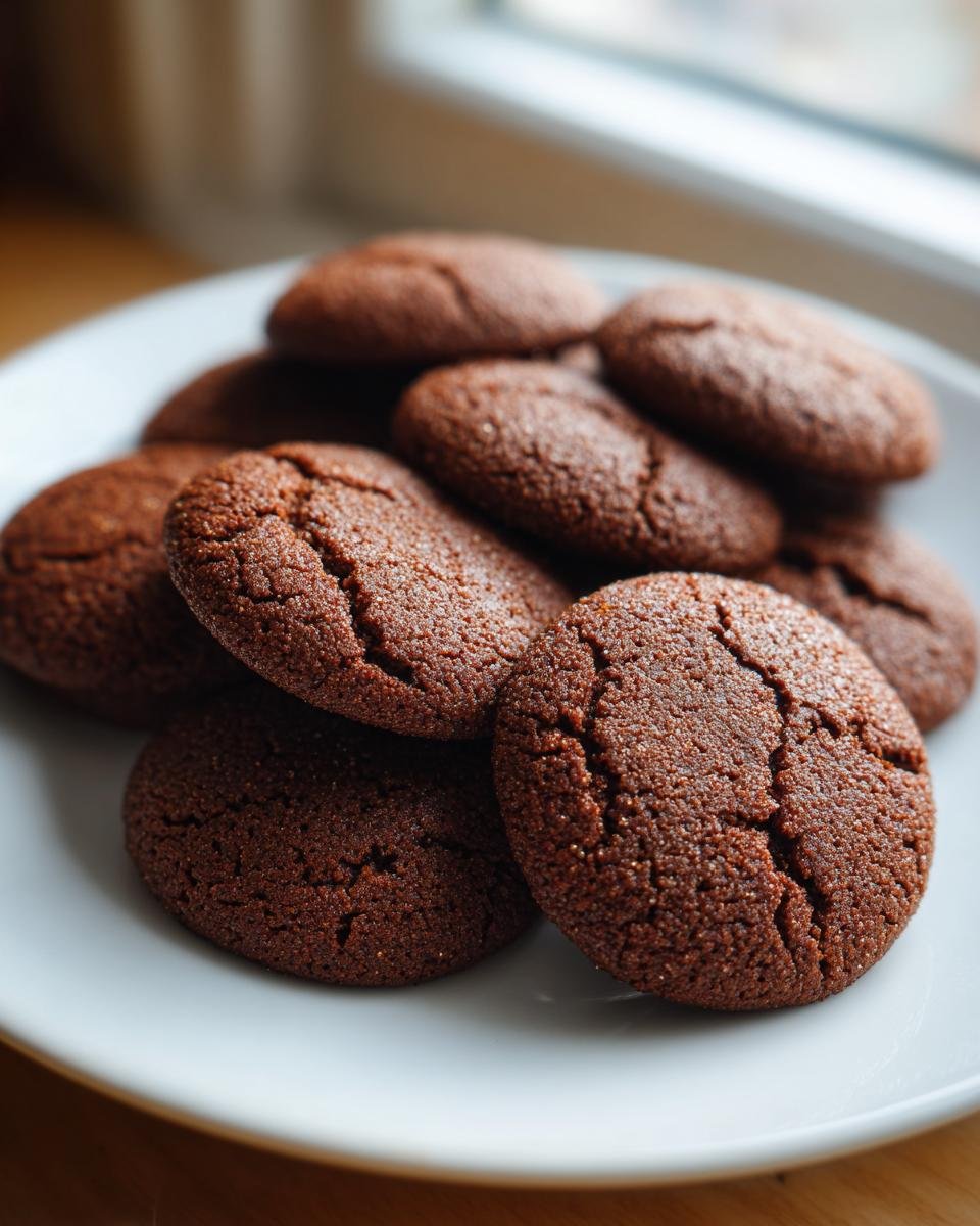A pile of dark, crackled Irresistible Gingerbread Cookies stacked on a white plate near a window.