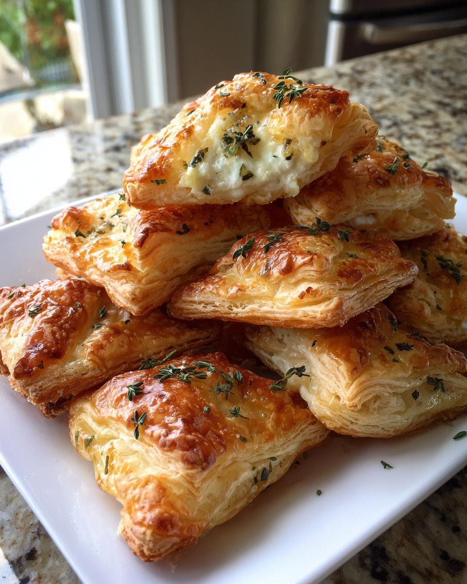 A stack of golden brown, flaky Irresistible Goat Cheese Puff Pastry Appetizers topped with herbs.