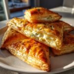 A stack of golden brown, flaky Irresistible Goat Cheese Puff Pastry Appetizers sprinkled with herbs.