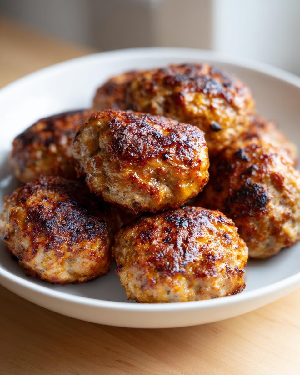 A close-up of several perfectly browned Irresistible Greek Chicken Meat Balls piled high on a white plate.