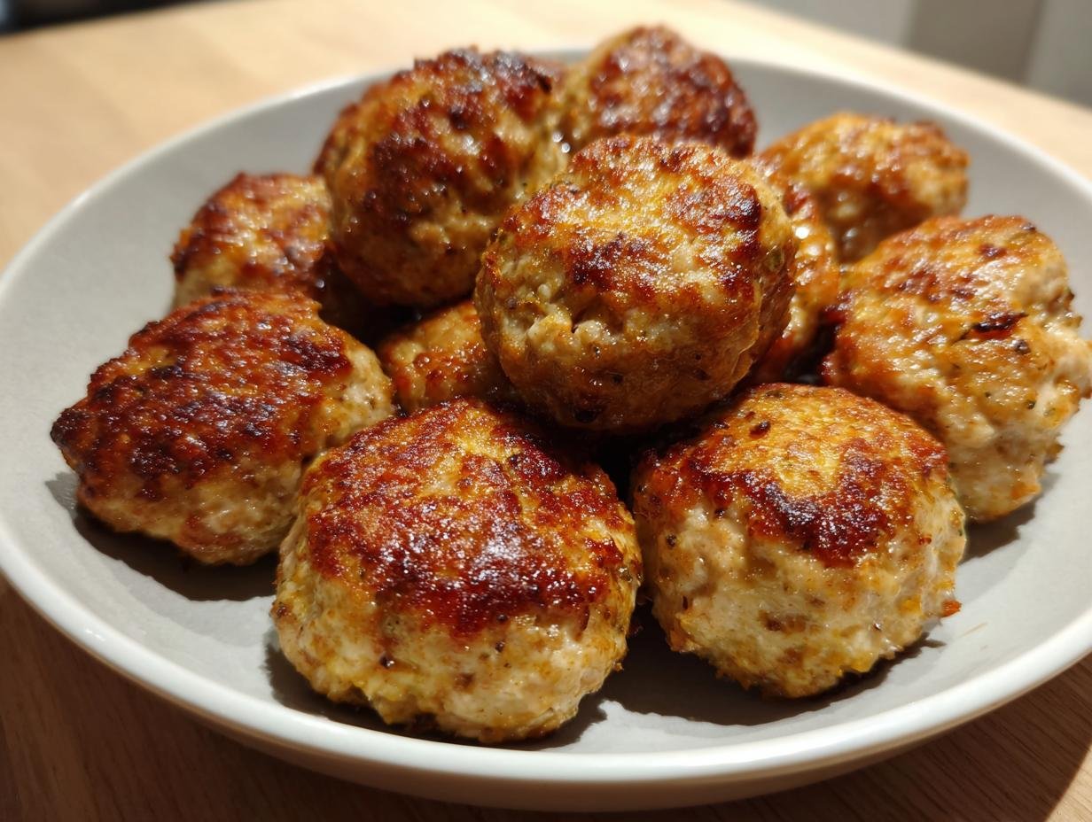 A close-up of perfectly browned, Irresistible Greek Chicken Meat Balls piled on a light gray serving dish.