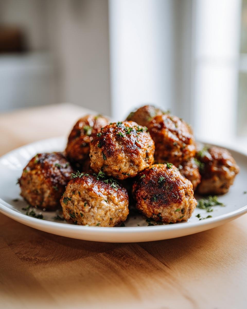 A close-up of several Irresistible Greek Chicken Meat Balls, browned and garnished with fresh parsley, served on a white plate.