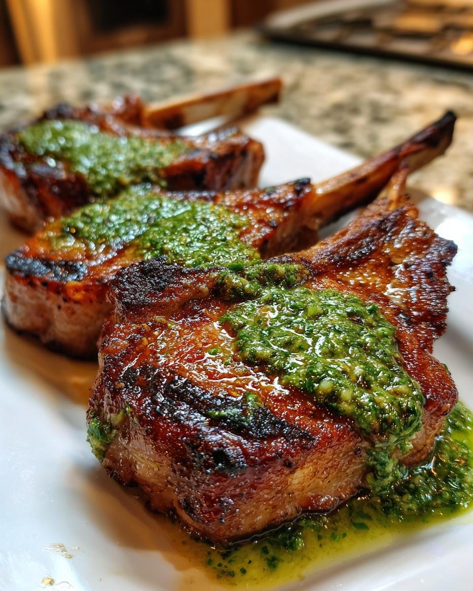 Close-up of three Irresistible Grilled Pork Chops topped with bright green Ladorigano sauce.