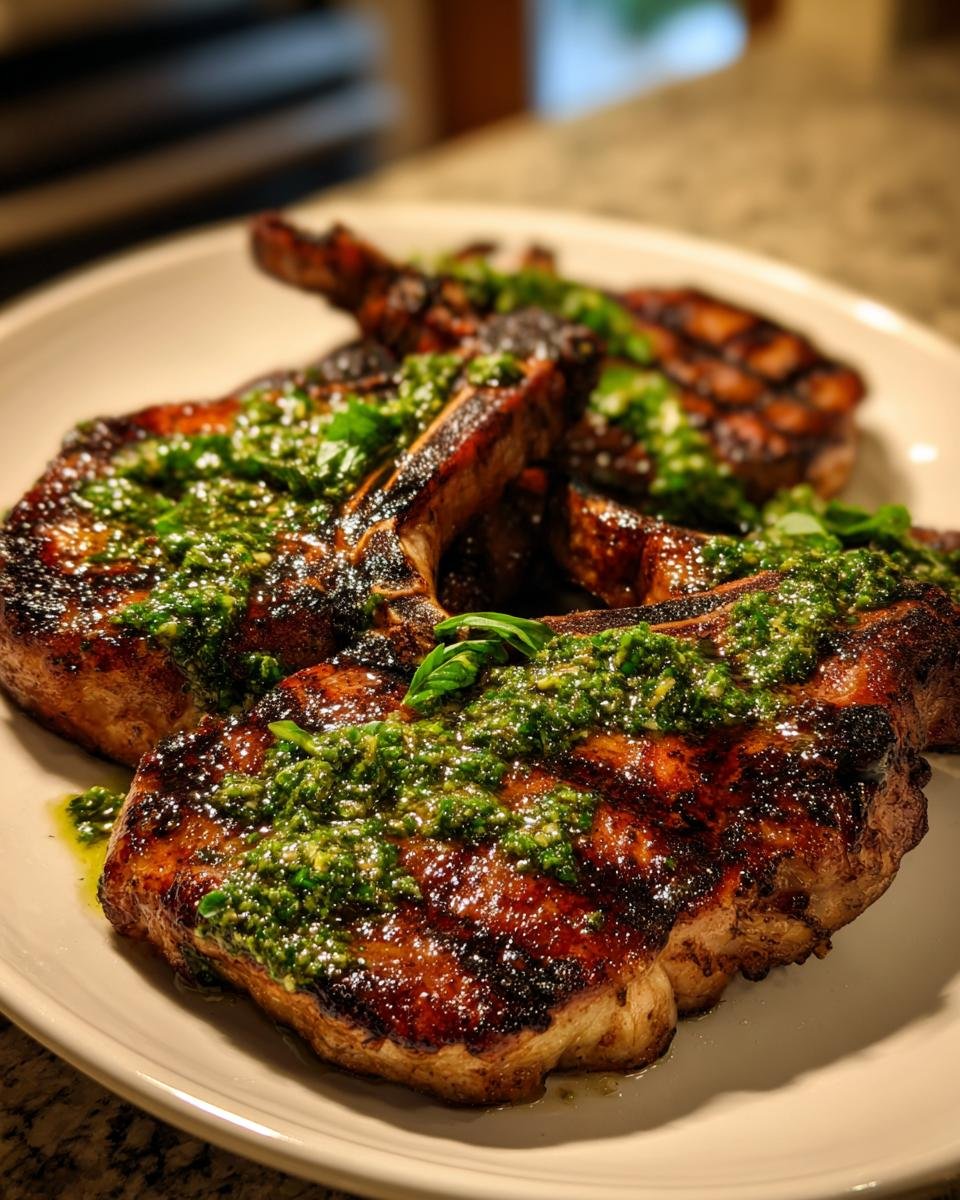 Close-up of Irresistible Grilled Pork Chops With Ladorigano Sauce, showing grill marks and bright green sauce.