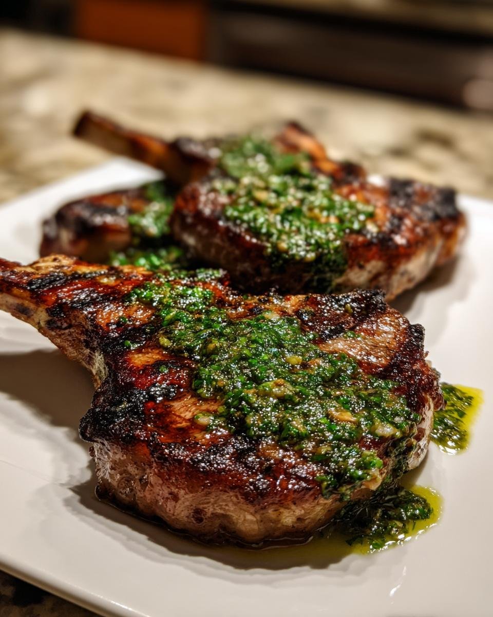 Close-up of Irresistible Grilled Pork Chops topped with bright green Ladorigano sauce on a white plate.