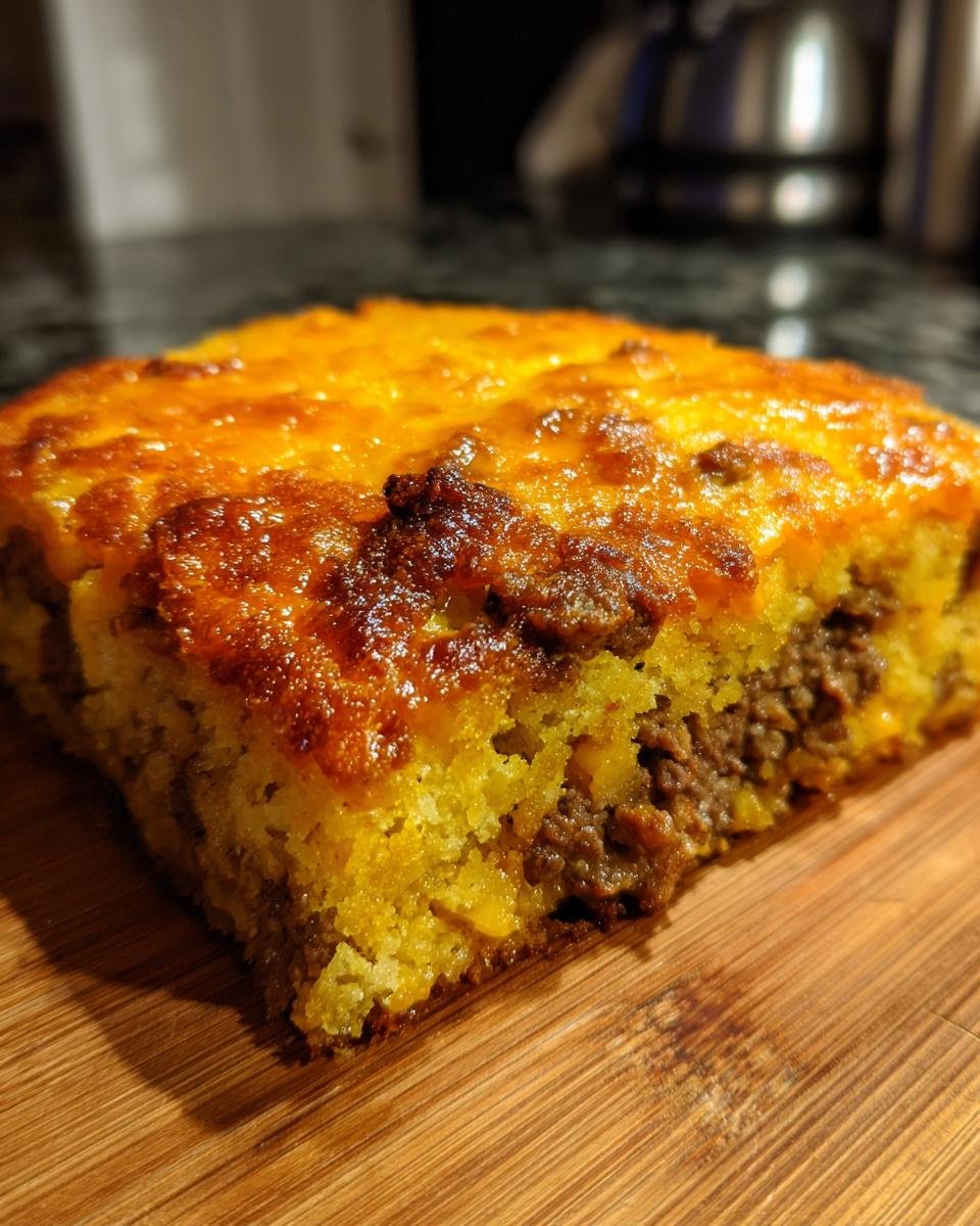 Close-up of a square slice of Irresistible Ground Beef Jiffy Cornbread Casserole with a browned cheese top.