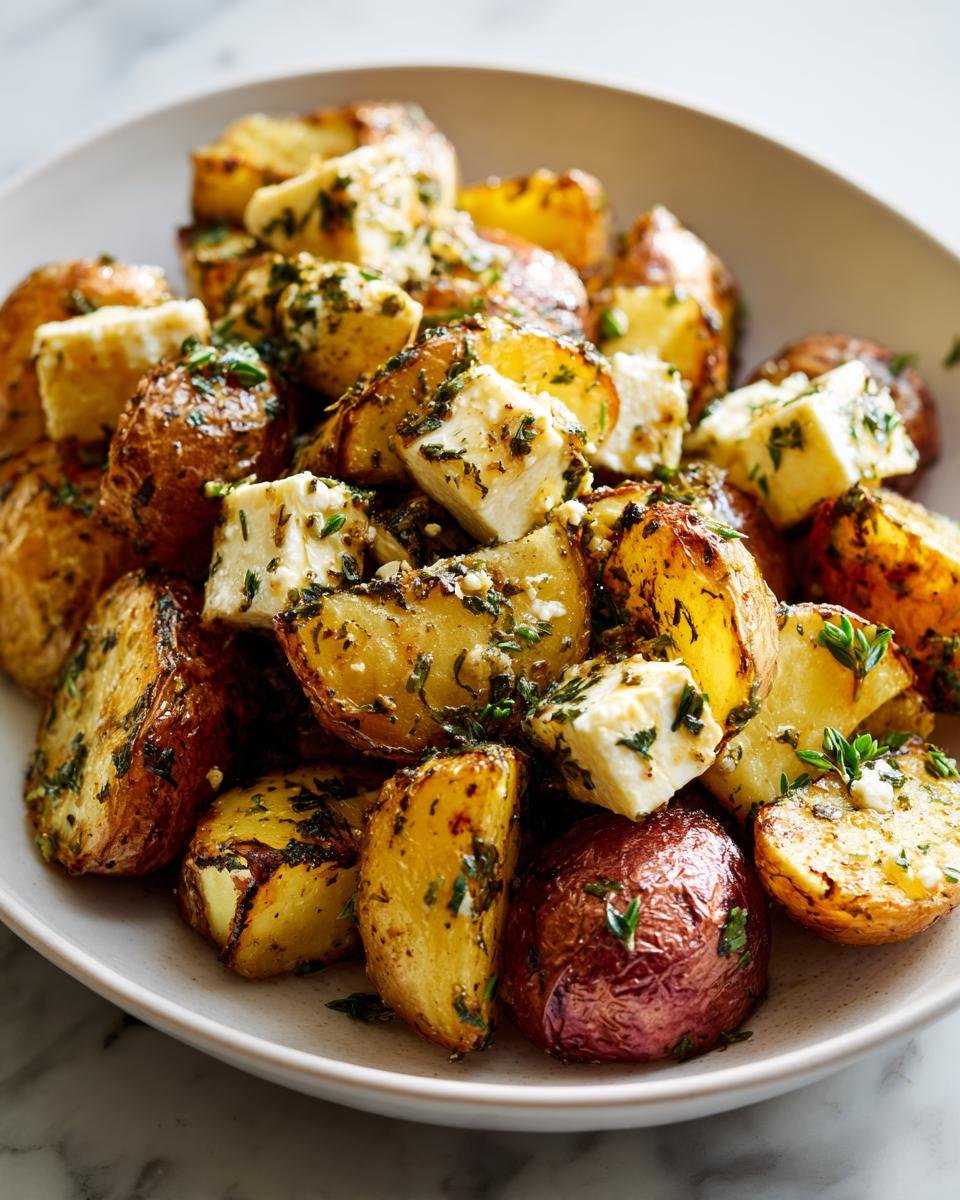 Close-up of roasted potatoes mixed with cubes of feta cheese and herbs, featuring the Irresistible Healthy Baked Feta Potatoes Recipe.