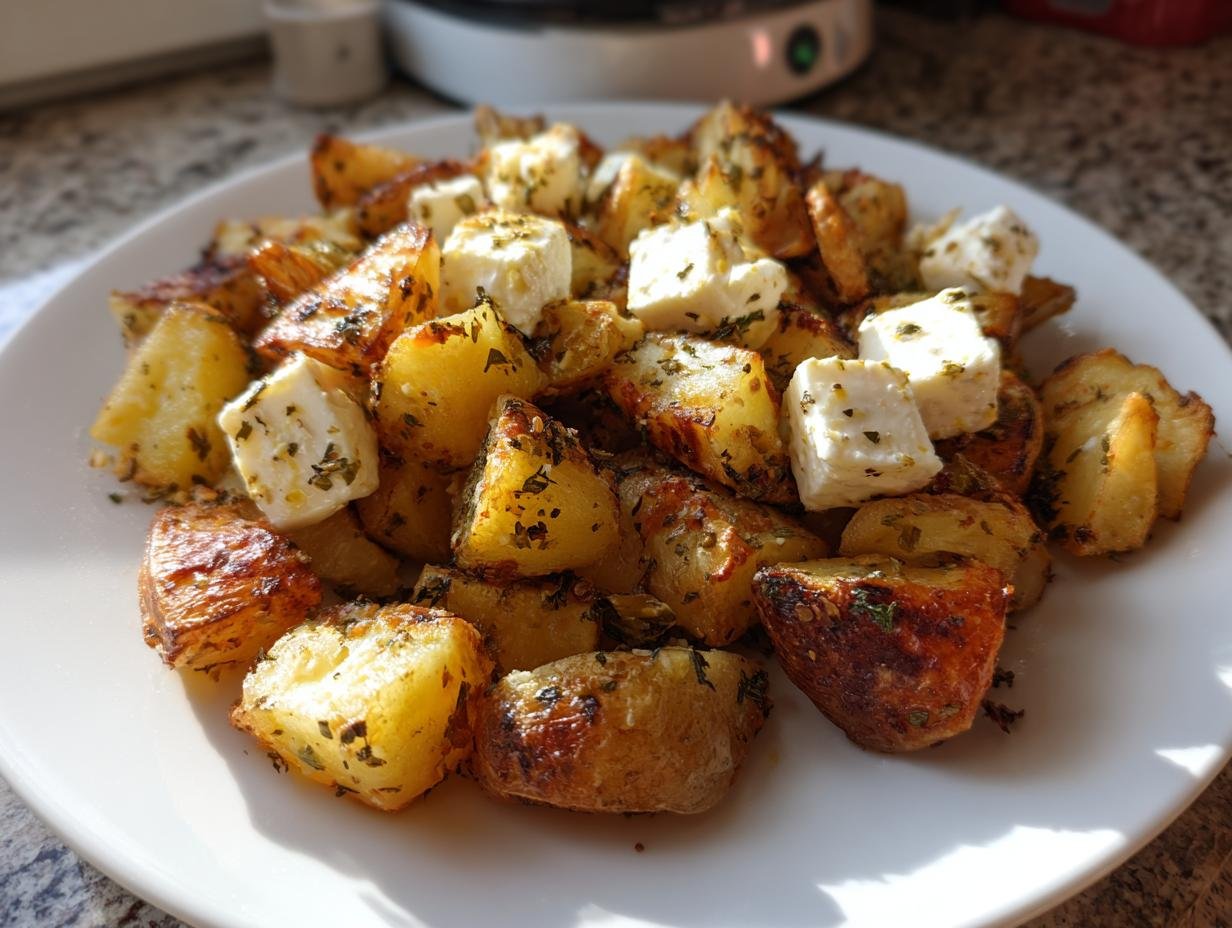 A white plate filled with golden roasted potatoes cubes topped with chunks of feta cheese for an Irresistible Healthy Baked Feta Potatoes recipe.