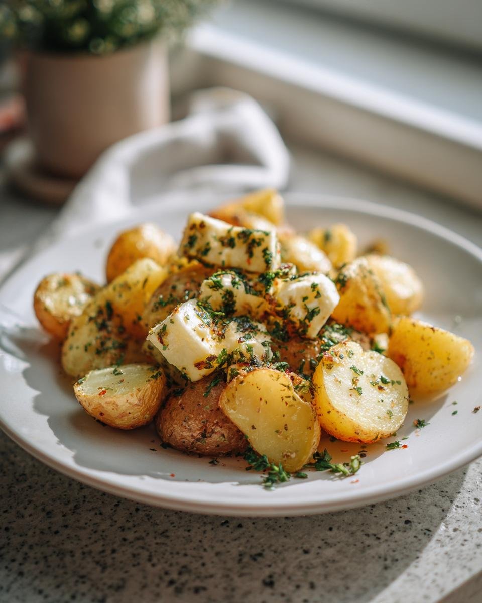 Close-up of baked potatoes topped with chunks of feta cheese and fresh herbs, part of the Irresistible Healthy Baked Feta Potatoes recipe.