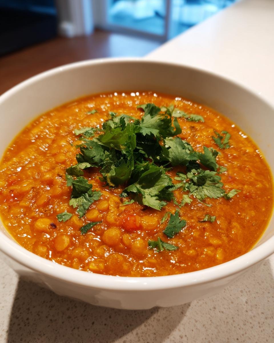 Close-up of a white bowl filled with vibrant orange Irresistible Healthy Lentil Curry Recipe, topped with fresh cilantro.