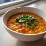 A close-up of a white bowl filled with thick, orange Irresistible Healthy Lentil Curry Recipe, topped with fresh cilantro.