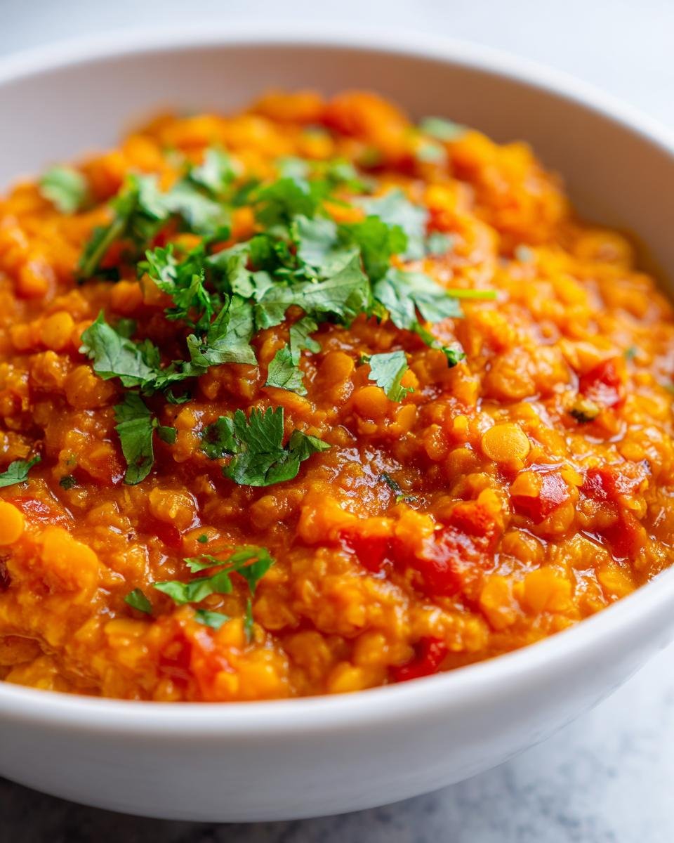 Close-up of a bowl filled with thick, orange Irresistible Healthy Lentil Curry Recipe, topped with fresh cilantro.
