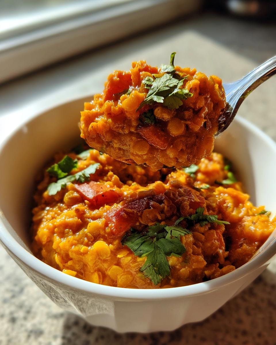 A spoonful of thick, orange Irresistible Healthy Lentil Curry Recipe garnished with fresh cilantro, lifted from a white bowl.