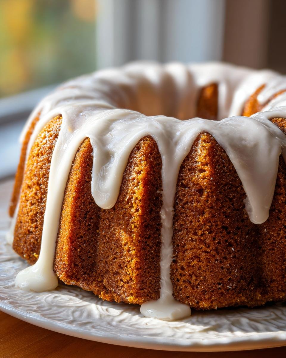 Close-up of an Irresistible Holiday Spice Bundt Cake generously topped with white glaze dripping down the sides.