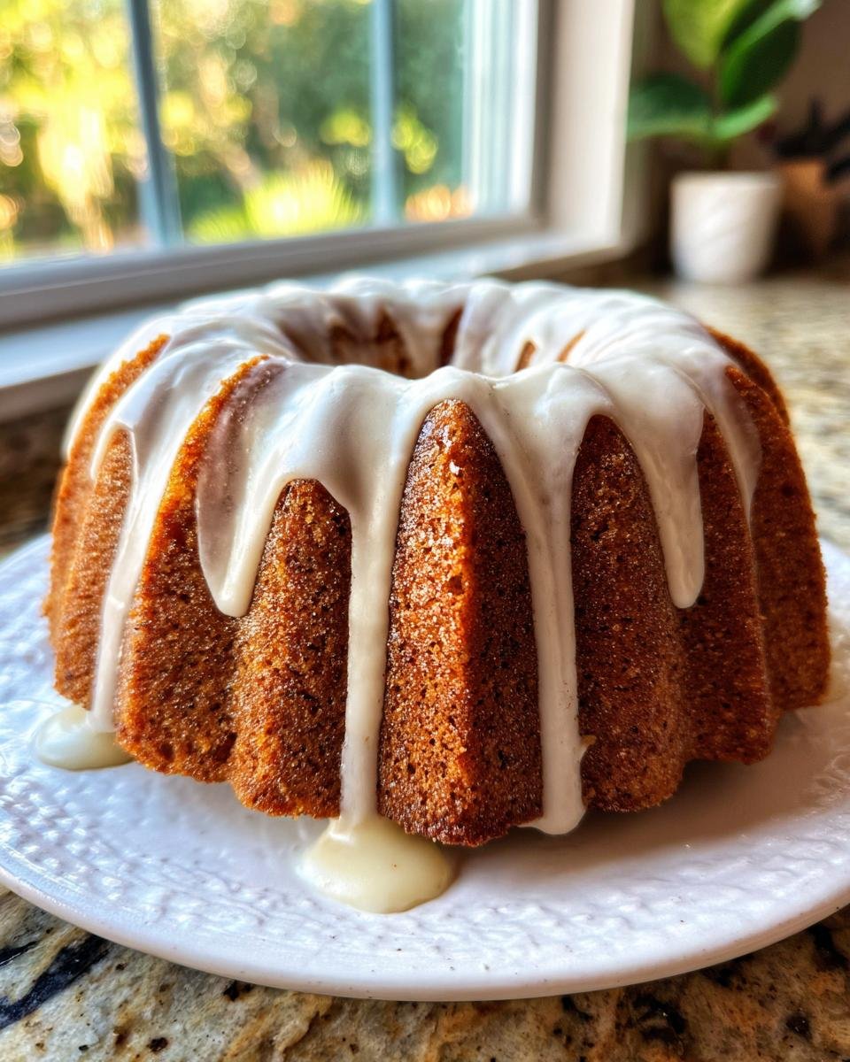 A beautifully baked Irresistible Holiday Spice Bundt Cake generously topped with a thick white glaze dripping down the sides.