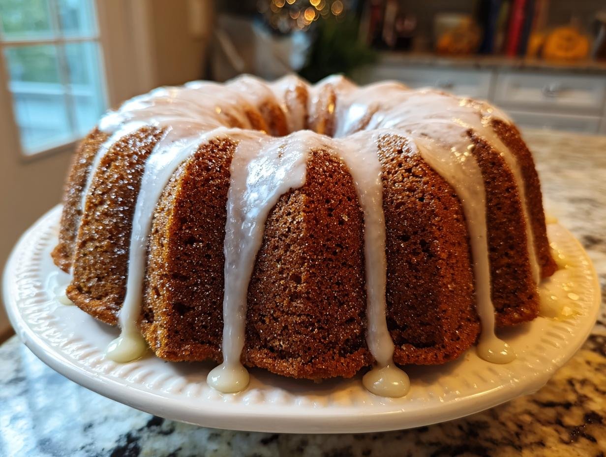 A rich, brown Irresistible Holiday Spice Bundt Cake with thick white glaze dripping down the fluted sides.