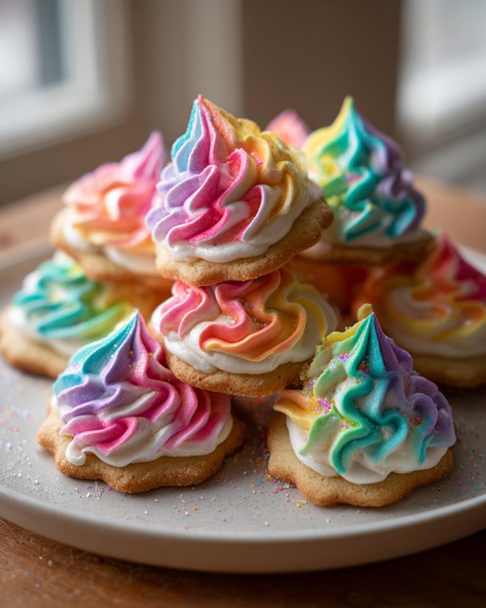 A stack of Irresistible Holiday Sugar Cookies topped with vibrant, rainbow-colored swirled frosting.